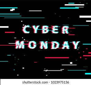 Cyber monday promo banner with pixels and lines on glitched LED screen. Cyberpunk, web, darkwave. 