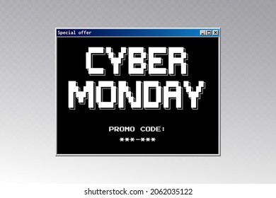 Cyber monday promotion banner template. Retro operation system user interface. Old popup window over transparent background. Vector illustration