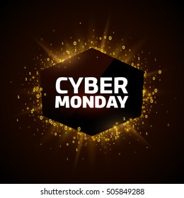 Cyber Monday promotion banner template. Yellow explosion made of stars and digits on a dark background.
