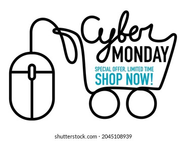 Cyber Monday promotion, computer mouse which its cord that forms a shopping cart, EPS 10 vector illustration