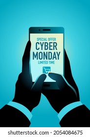 Cyber Monday promotion, hand using a smart phone to shop online, EPS 10 vector illustration