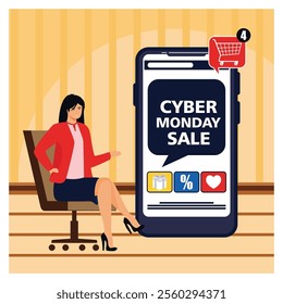 Cyber Monday promotion on a smartphone screen, showing a woman interacting with an electronic device in an office setting.  Flat vector modern illustration 