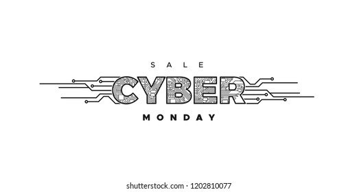 Cyber Monday. Promotional online sale event. Vector technology illustration. Futuristic label design. Golden label on black background