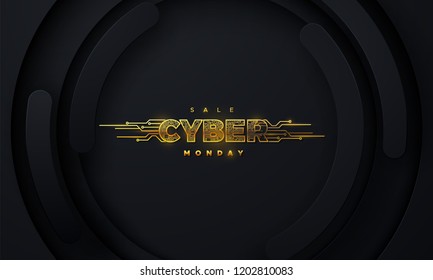 Cyber Monday. Promotional online sale event. Vector technology illustration. Futuristic design. Golden label with circuit board texture on black background