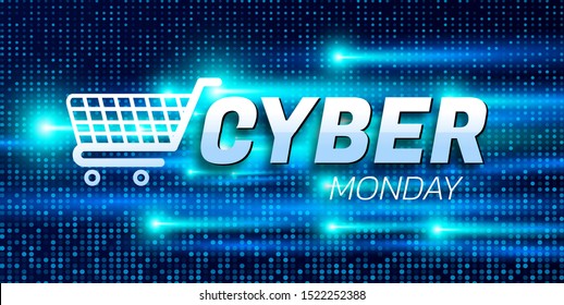 Cyber Monday. Promotional online sale event. Vector technology illustration. Futuristic label design. 