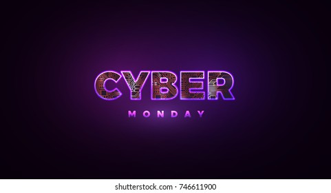 Cyber Montag. Werbeveranstaltung zum Online-Verkauf. Vektortechnik-Illustration. Futuristisches Etikettendesign. Texturierte violette Neonleuchte und Leiterplattenmuster. Hologramm