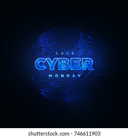 Cyber Monday. Promotional online sale event. Vector technology illustration. Futuristic label design. Textured blue neon light sign and circuit board pattern. Luminous cyber hologram