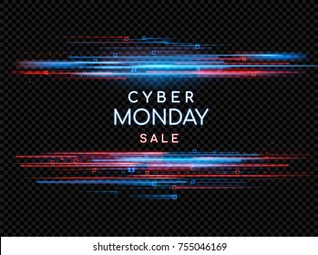 Cyber Monday. Promotional online sale event. Vector technology illustration. Neon light sign with with neon lines, geometric figures. Futuristic label design. Luminous cyber hologram