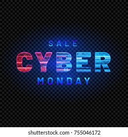 Cyber Monday. Promotional online sale event. Vector technology illustration. Textured neon light sign with with neon lines, geometric figures. Futuristic label design. Luminous cyber hologram