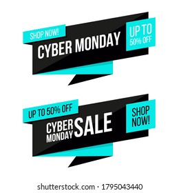 Cyber Monday promotional tags set. Commercial signs for online sale, e- commerce, discount shopping, promotion and advertising. Vector illustration.