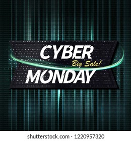 Cyber Monday purple banner with text composition, motion lines and glitter. Vector abstract background with sunlight and sparkles. Design poster for promotion and sales