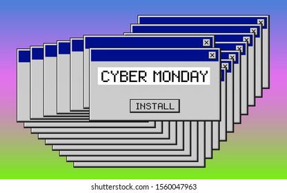 Cyber Monday. Retro 80's, 90's style vintage art background.