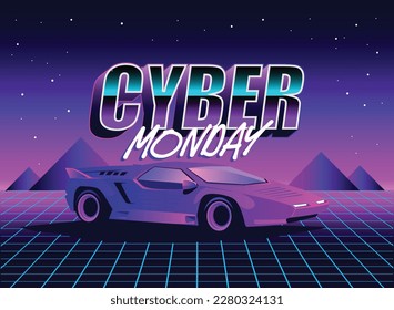 Cyber Monday Retro 80s sci-fi futuristic style background. Vector retro futuristic synth wave illustration