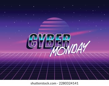 Cyber Monday Retro 80s sci-fi futuristic style background. Vector retro futuristic synth wave illustration