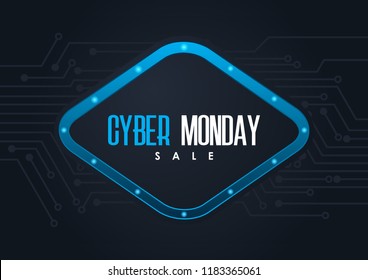 Cyber Monday retro light frame on circuit board background