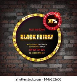 Cyber Monday retro light frame. Sale. Hot deal. Against a vintage brick wall. Vector illustration