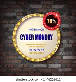 Cyber Monday retro light frame. Sale. Hot deal. Against a vintage brick wall. Vector illustration