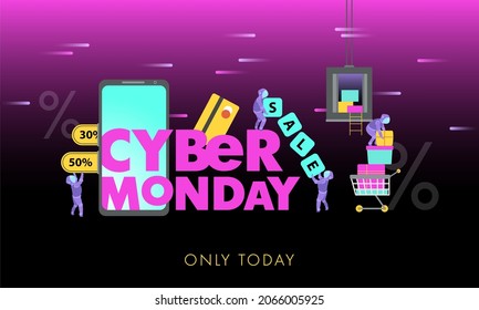 Cyber Monday. Robot people prepare discounts and online purchases for the consumer, online store, smartphone, shopping cart. Discount, sale.Vector flat illustration