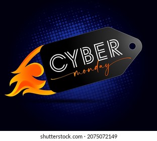 Cyber Monday rocket label with fire, promotion banner. Special offer typography text, black tag for hot sale design. Autumn advertising sticker vector illustration
