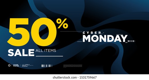 Cyber monday sale 50% banner on modern blue background. Cyber Monday promotion poster, flyer, banner, website, story, and social media template.
