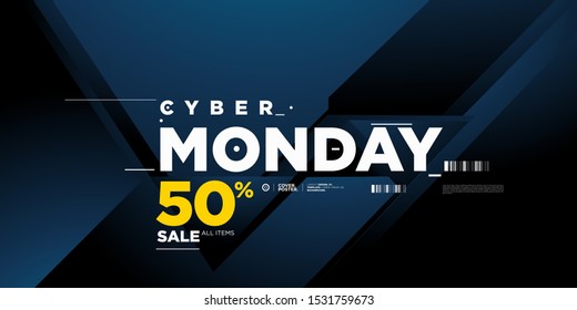 Cyber monday sale 50% banner on modern blue background. Cyber Monday promotion poster, flyer, banner, website, story, and social media template.
