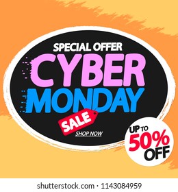Cyber Monday Sale, up to 50% off, poster design template, special offer, vector illustration