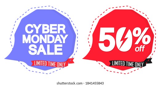 Cyber Monday Sale, 50% off, banners design template, discount tags, season offers, vector illustration
