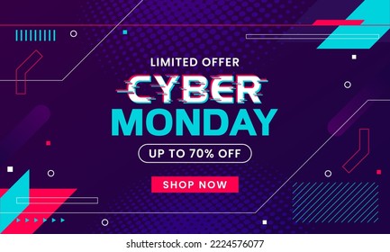 Cyber Monday Sale abstract background. For advertising poster or banner design with blue purple retro futuristic memphis style background