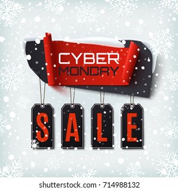 Cyber Monday Sale, abstract banner on winter background with snow and snowflakes. Design template for brochure, poster or flyer. Vector illustration.