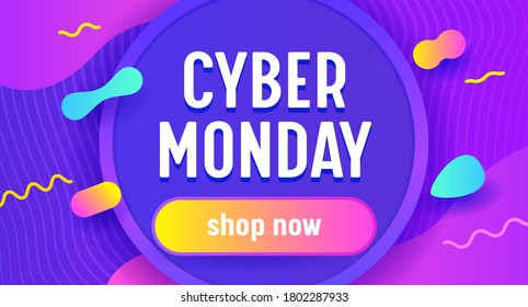 Cyber Monday Sale Advertising Banner with Typography. Neon Background Design for Shopping Off, Discount. Social Media Promo Content Ad, Store Off Poster, Flyer or Card Template. Vector Illustration