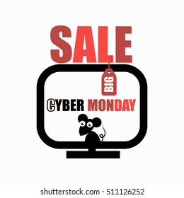 Cyber Monday sale advertising poster. Cyber Monday design, sale, discount, advertising, marketing price tag. Clothes, furnishings, cars, food sale. Vector illustration eps10.