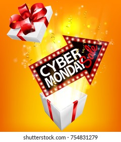 A Cyber Monday Sale arrow sign exploding out of a gift box with a red ribbon bow