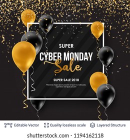 Cyber Monday Sale Background with air balloons. Vector ad banner with editable copy space for holiday discounts and sales.