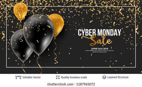 Cyber Monday Sale Background with balloons. Vector ad banner with editable copy space for holiday discounts and sales.