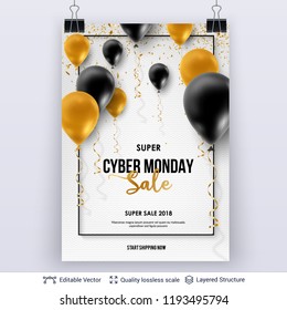 Cyber Monday Sale Background with balloons. Vector ad banner with editable copy space for holiday discounts and sales.