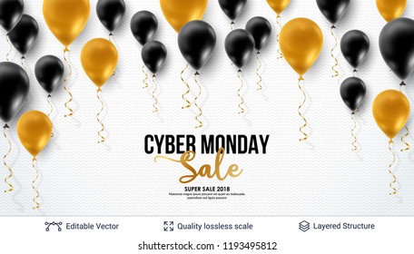 Cyber Monday Sale Hintergrund mit Ballons. Vektorbanner mit bearbeitbarem Kopienraum für Feiertagsrabatte und -verkäufe.