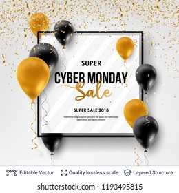 Cyber Monday Sale Background with balloons. Vector ad banner with editable copy space for holiday discounts and sales.