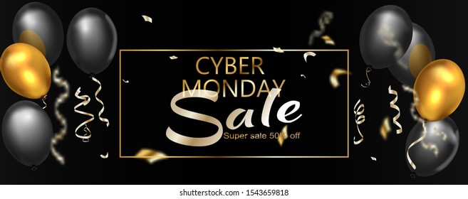 Cyber Monday sale background with balloons and gold text. Vector advertising banner.