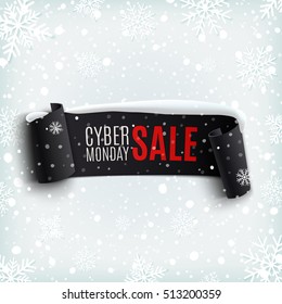 Cyber Monday sale background with black realistic ribbon banner, snow and snowflakes. Vector illustration.