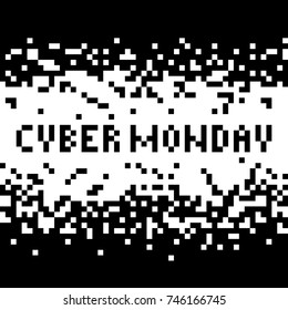 Cyber Monday sale background. Black and white pixel illustration. Retro computer design.