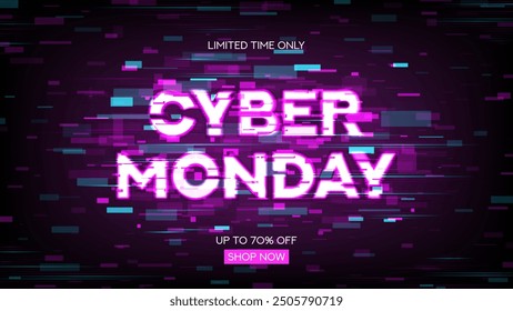 Cyber Monday Sale background. Bright glowing symbol for decoration Cyber Monday sale isolated on background with glitch effect. Neon Cyber Monday signboard with glitch effect for seasonal sales.