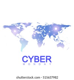 Cyber Monday Sale Background with World Map. Promotional banner design. Graphic abstract background communication