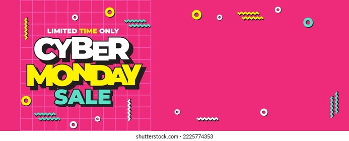 Cyber monday sale banner with 90's retro style vector illustration, background for media promotion web banner and social media post