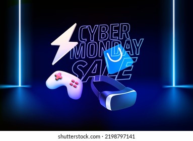 Cyber monday sale banner with accessories and neon inscription. 3d vector illustration
