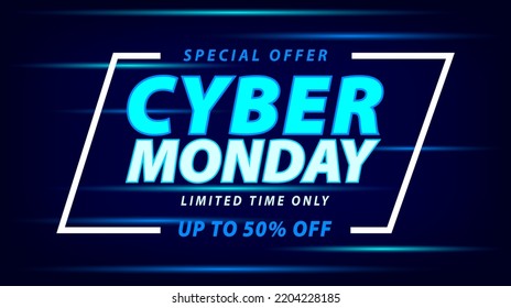 Cyber Monday sale banner background. Special offer 50% off on black background. Template design for poster, flyer, web banner, social media, advertising. Vector illustration