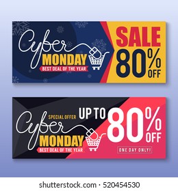 Cyber Monday Sale Banner Hintergrund für gute Verkaufsförderung. Cyber Monday Tags und Label Design.Vektorgrafik