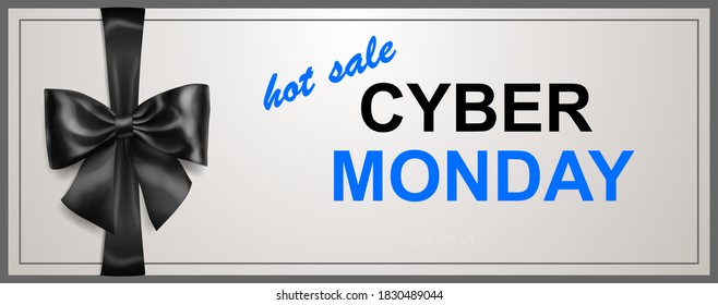 Cyber Monday sale banner with black bow and ribbons on white background. Vector illustration for posters, flyers or cards.