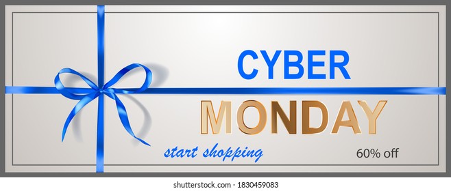 Cyber Monday sale banner with blie bow and ribbons on white background. Vector illustration for posters, flyers or cards.