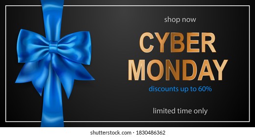 Cyber Monday sale banner with blie bow and ribbons on black background. Vector illustration for posters, flyers or cards.