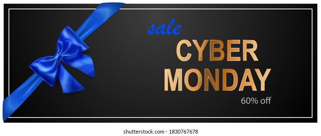 Cyber Monday sale banner with blie bow and ribbons on black background. Vector illustration for posters, flyers or cards.
